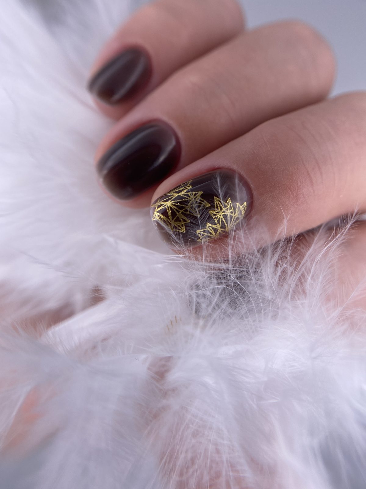 Тёмный маникюр с акцентным ногтем и золотой фольгой